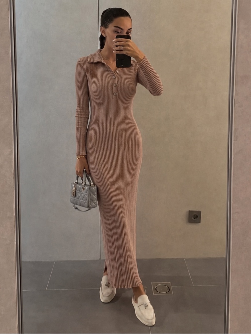 SHEIN Beige Tan Ribbed Velour Polo Collar Bodycon Maxi Dress XS